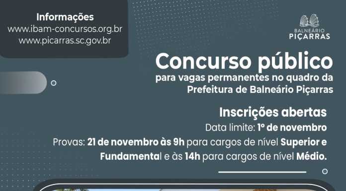 Prefeitura de Balneário Piçarras abre concurso público e processo seletivo
