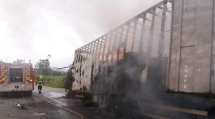 Caminhão carregado com 10 toneladas de tecido pega fogo em São João do Itapocú