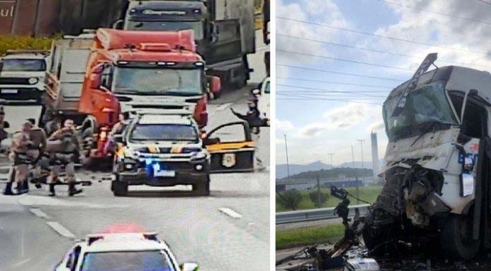 VÍDEO: caminhoneiro ‘alucinado’ é perseguido pela polícia e bate em carros na BR-101 em SC