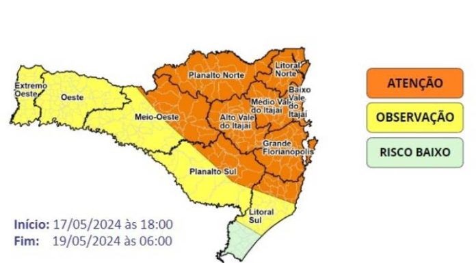 Defesa Civil alerta para chuva intensa e volumosa entre sexta-feira (17) e a madrugada do domingo (19)