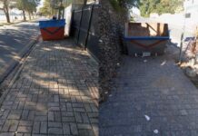 CADÊ A FISCALIZAÇÃO Caçambas de entulho na calçada bloqueiam a passagem de pedestres em Penha