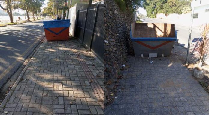 CADÊ A FISCALIZAÇÃO Caçambas de entulho na calçada bloqueiam a passagem de pedestres em Penha