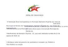 PT de Balneário Piçarras realiza sua convenção neste domingo (4)