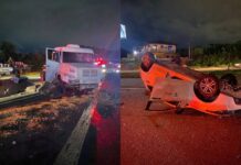 Carro capota e duas pessoas ficam presas às ferragens em Balneário Piçarras