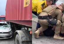 Motorista embriagado entra no meio de duas carretas na Via Portuária em Navegantes