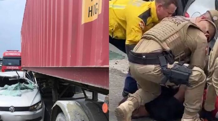 Motorista embriagado entra no meio de duas carretas na Via Portuária em Navegantes