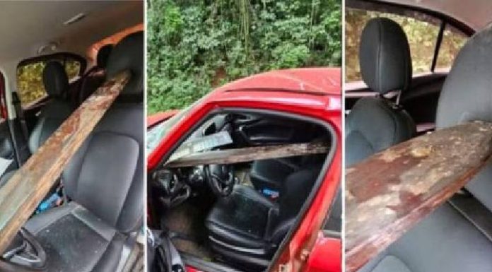 Máquina agrícola atravessa carro e fere grávida de seis meses em SC