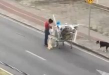 EXEMPLO Mulher em situação de rua compartilha refeição com cachorro