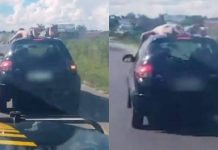 Homem bêbado é flagrado viajando no teto de carro a mais de 100 km por hora