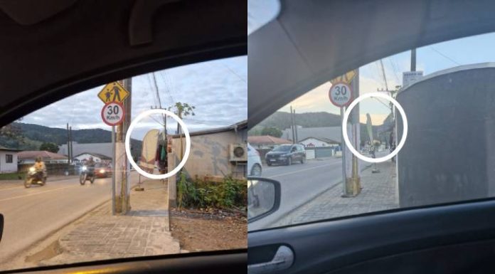 Excesso de faixas de propaganda em loja do Santa Lídia aumenta riscos de acidente em cruzamento