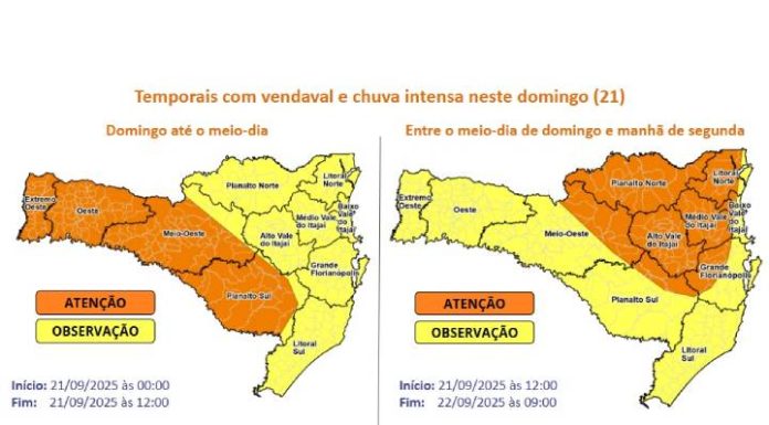 Proteção e Defesa Civil alerta para temporais e fortes ventos no domingo (21/09)