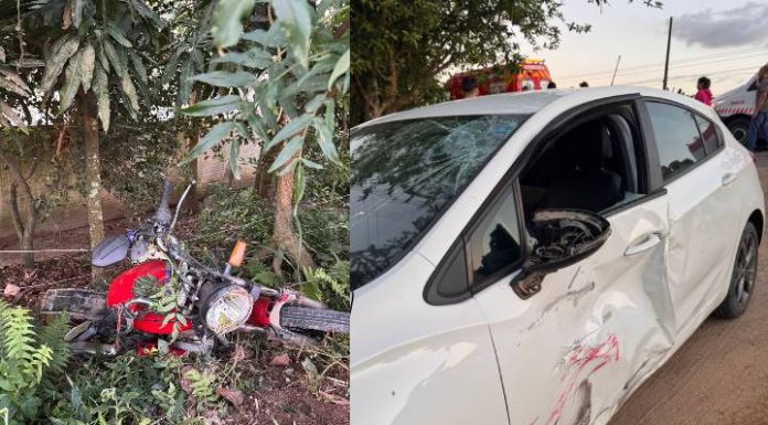 Duas pessoas ficam feridas em acidente entre carro e moto em Canelinha