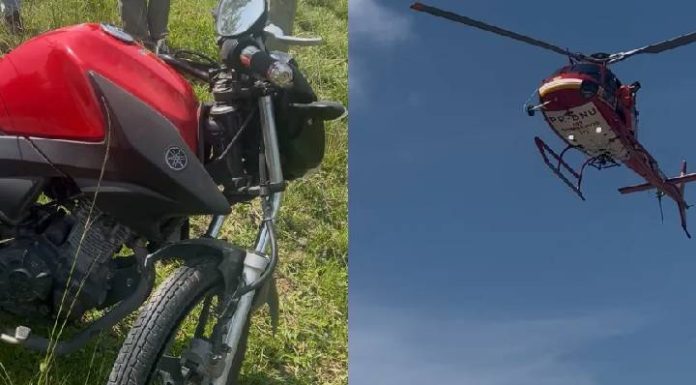 Motociclista se perde na curva e vai parar no meio do pasto em Penha