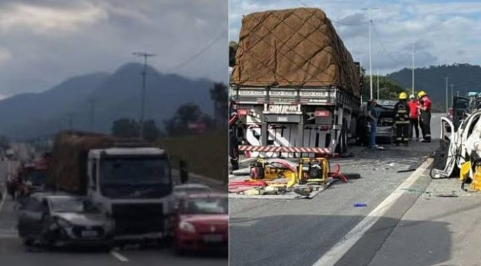 Acidente com sete carros e caminhão deixa feridos na BR-470 em Indaial neste domingo