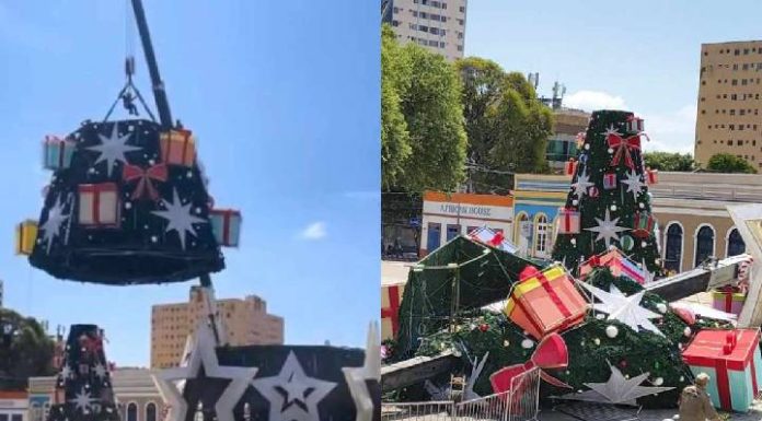 VIDEO Guindaste tomba em montagem de árvore de Natal e mata trabalhador