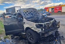Incêndio em caminhonete mobiliza bombeiros na BR-101 em Balneário Piçarras
