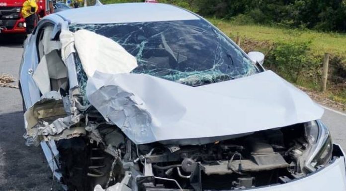 Carro bate contra poste e deixa quatro feridos na SC-415, em Araquari