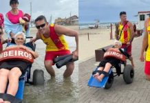VIDEO Idosa de quase 100 anos conhece o mar pela primeira vez em SC