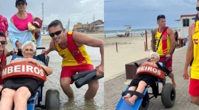 VIDEO Idosa de quase 100 anos conhece o mar pela primeira vez em SC