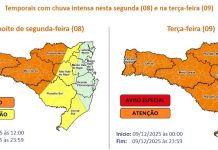 Proteção e Defesa Civil de Piçarras alerta para temporais com chuva intensa nesta segunda (8) e terça-feira (9)