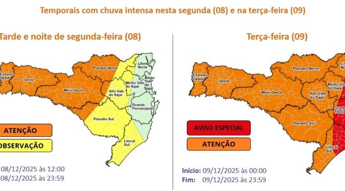 Proteção e Defesa Civil de Piçarras alerta para temporais com chuva intensa nesta segunda (8) e terça-feira (9)