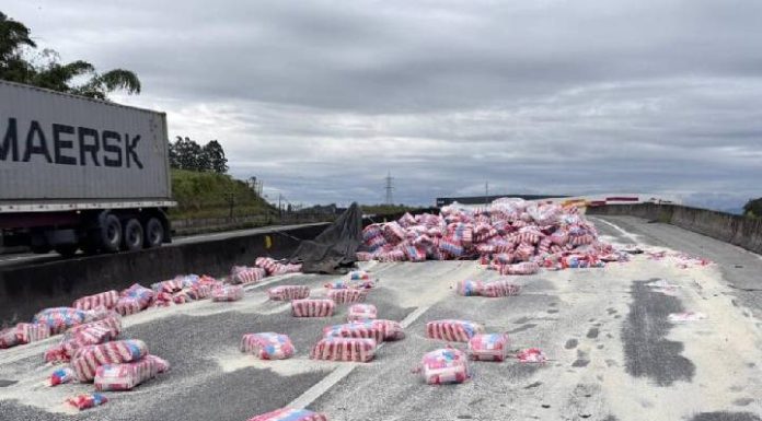 Caminhão com carga de arroz tomba, interdita pista e causa filas na BR-101 em SC