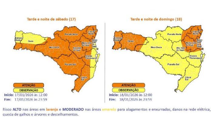 Proteção e Defesa Civil alerta para temporais com chuva intensa entre as tardes e noites de sábado (17) e domingo (18)