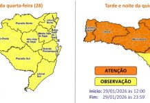 Proteção e Defesa Civil alerta para temporais com chuva intensa entre a noite desta quarta (28) e quinta-feira (29)