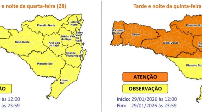 Proteção e Defesa Civil alerta para temporais com chuva intensa entre a noite desta quarta (28) e quinta-feira (29)