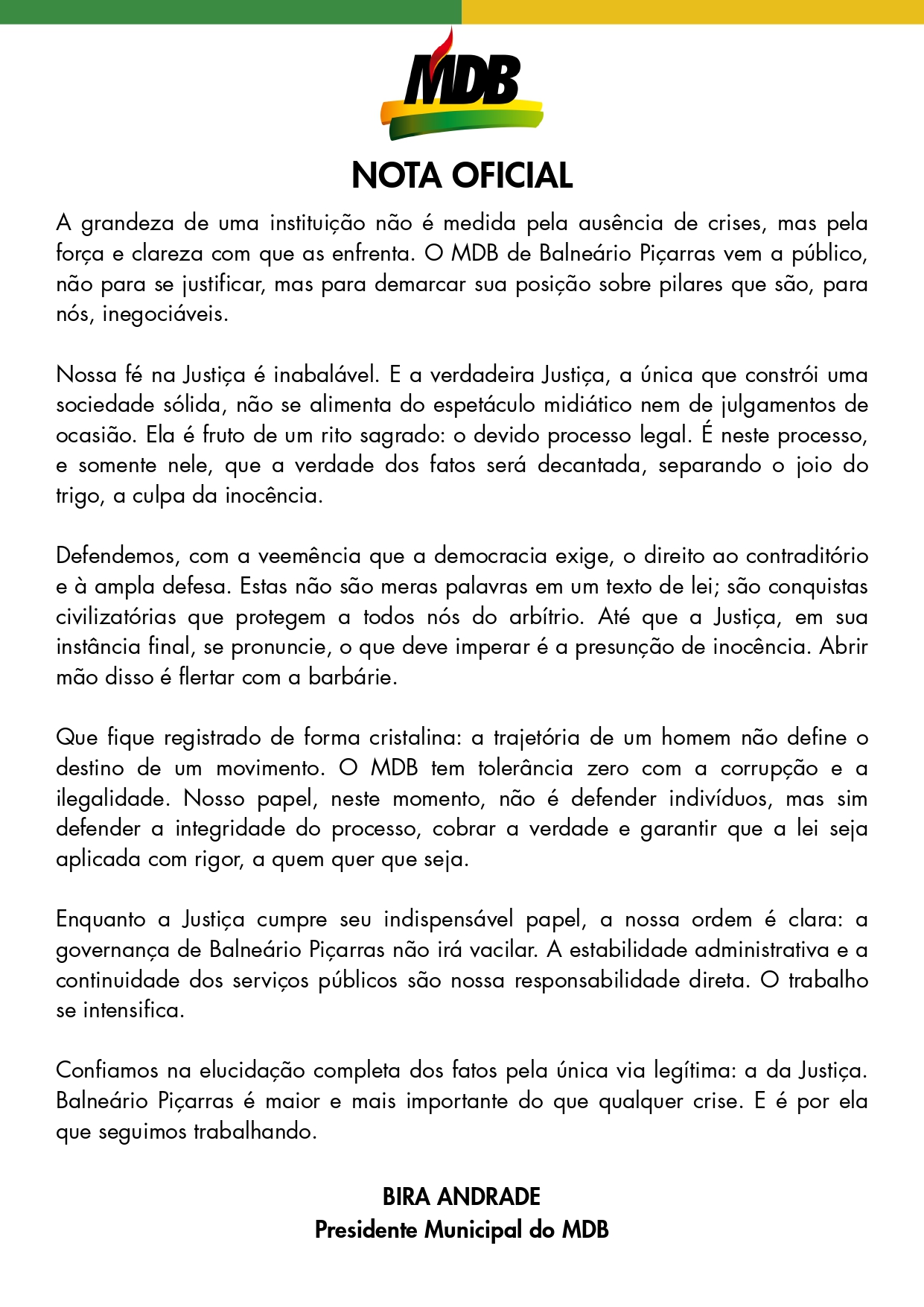 SERÁ?! MDB de Balneário Piçarras se manifesta após crise e diz ter “tolerância zero com corrupção” 1 NOTA OFICIAL MDB BALNEARIO PICARRAS page 0001