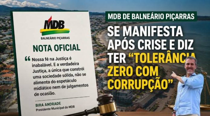 SERÁ?! MDB de Balneário Piçarras se manifesta após crise e diz ter “tolerância zero com corrupção”