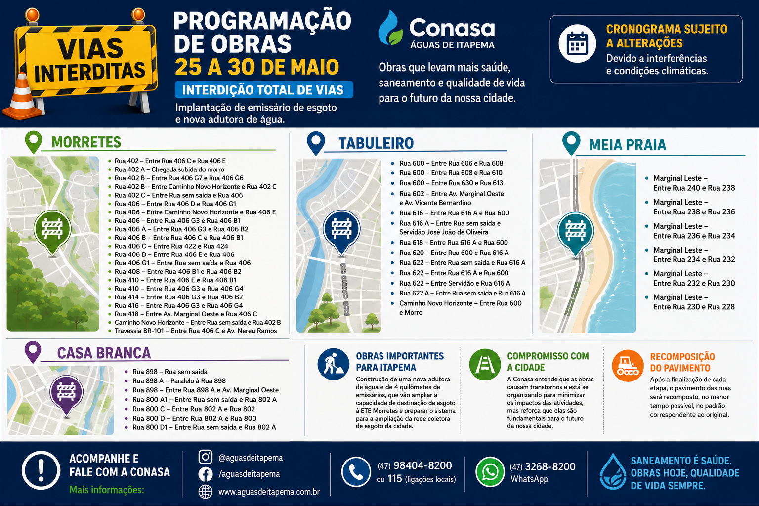Conasa Águas de Itapema informa programação de obras com interdição total de vias 1 a80e9f75 38d2 4776 9f7a 4939fe350166