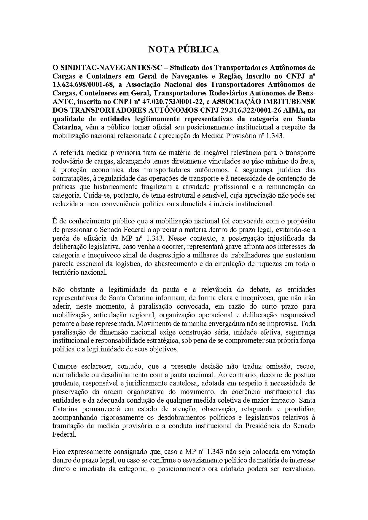 Caminhoneiros de SC não aderem à paralisação nacional, mas fazem alerta: "Podemos entrar em greve" 1 NOTA PUBLICA 01 01