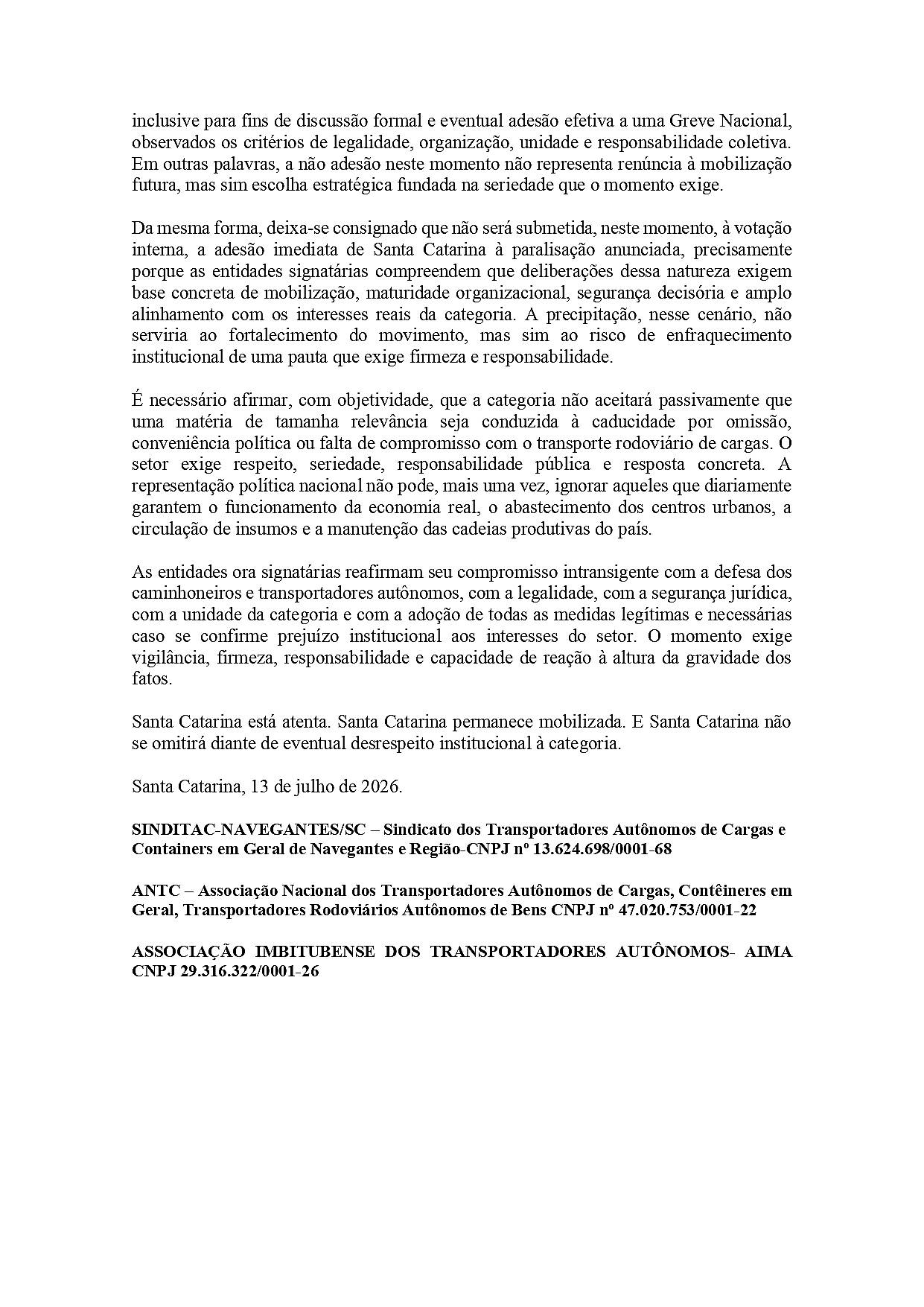 Caminhoneiros de SC não aderem à paralisação nacional, mas fazem alerta: "Podemos entrar em greve" 2 NOTA PUBLICA 02