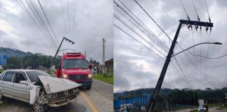 Carro bate contra poste e mulher fica ferida em Penha