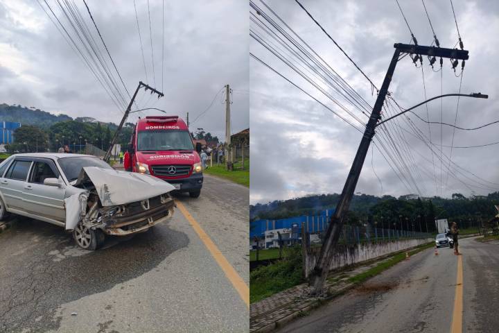 Carro bate contra poste e mulher fica ferida em Penha