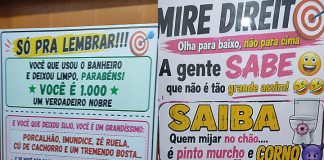 Banheiro de conveniência em Piçarras diverte com aviso inusitado para alertar quem “mijar no chão”