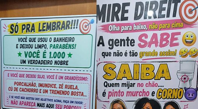 Banheiro de conveniência em Piçarras diverte com aviso inusitado para alertar quem “mijar no chão”
